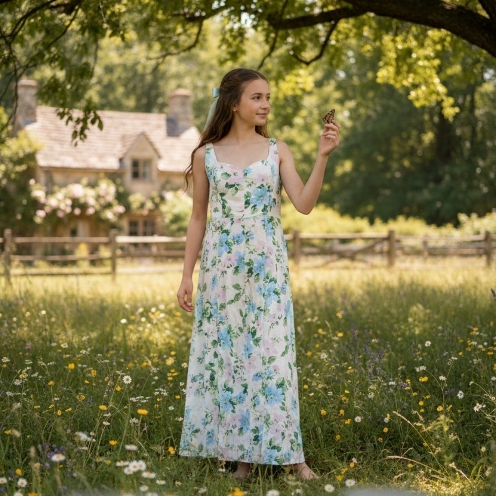 Old Navy Linen Blend Floral Midi Dress L Tall Blue Milkmaid Cottagecore Feminine